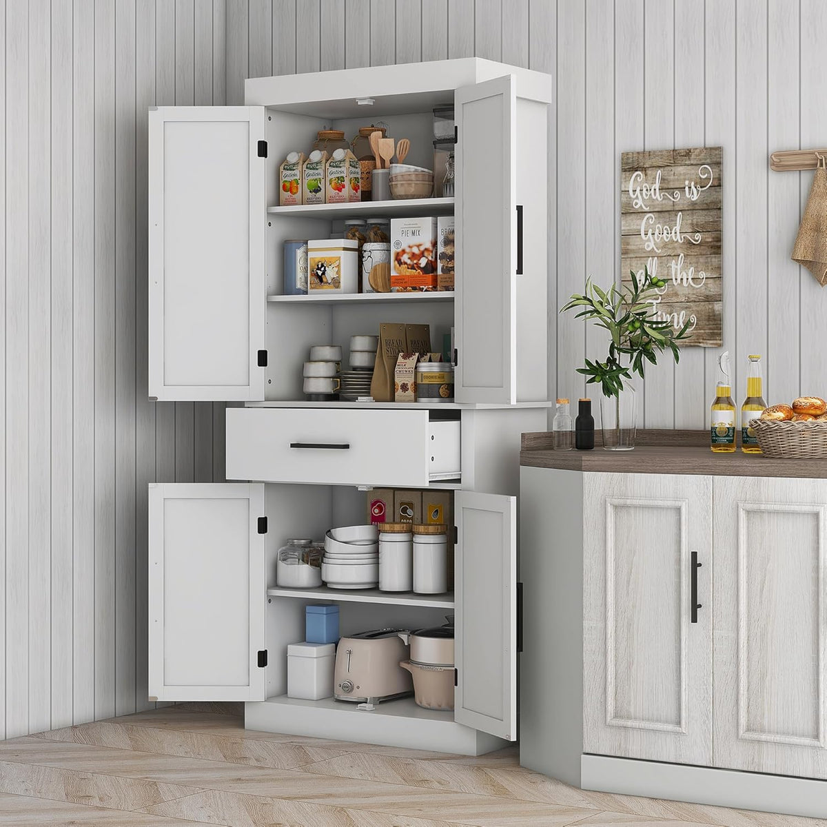 White 72" Tall Kitchen Pantry Storage Cabinet with 4 Barn Doors, Drawer, 5-Tier Shelf and Adjustable Shelves G390