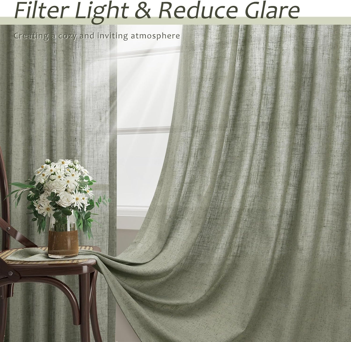 Sage Green Semi Sheer Linen Curtains 84 Inch Length 2 Panels Set Back Pocket 52x84 A46641