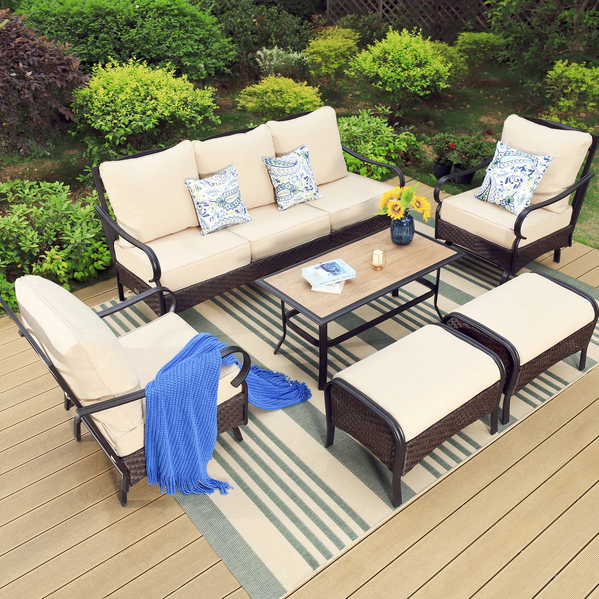 7-Seat Patio Conversation Set with 3-Seat Sofa, Rocking Chairs, Ottomans & Table, Black & Beige C577