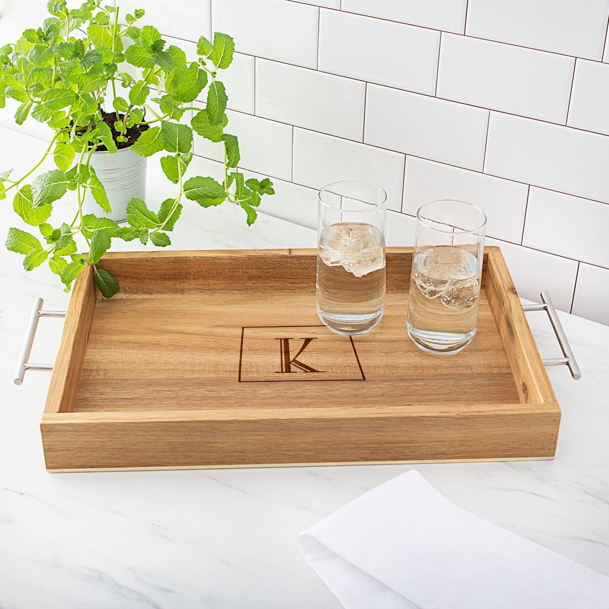 Acacia-wood Tray with Metal Handles H61401