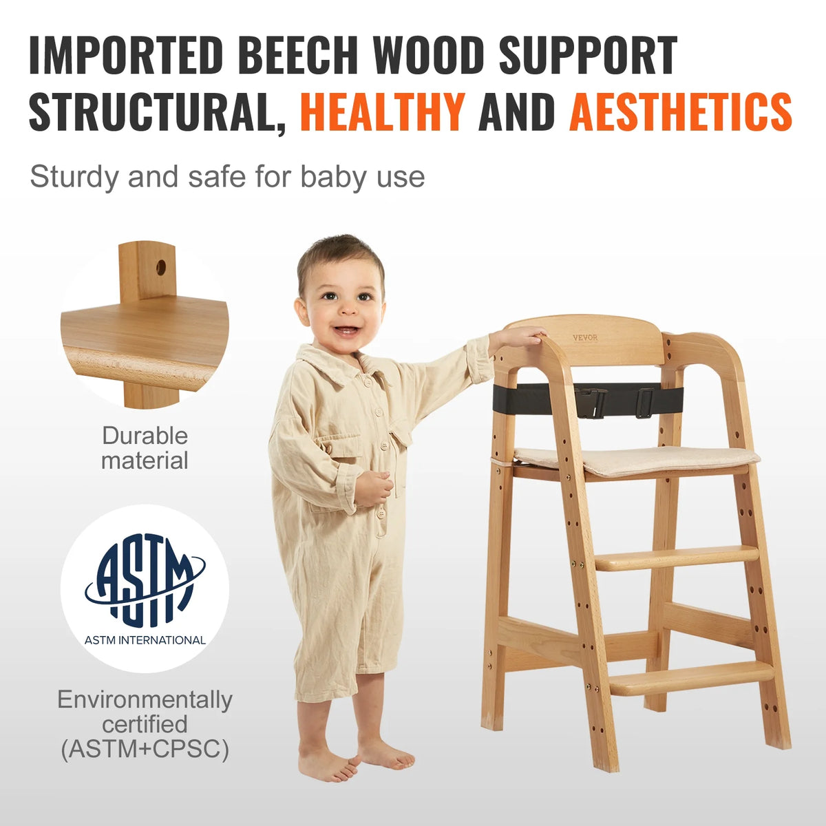 Wooden Baby HighChair with Adjustable Legs Solid Wood U23550