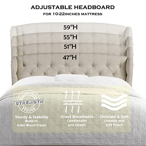 Beige Queen Adjustable Height Headboard with Linen Upholstery and Button Tufting U918236