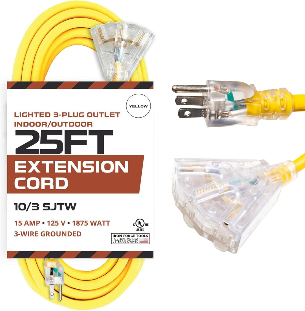 Yellow 15 AMP Outdoor Extension Cord with 3 Power Outlets V202000