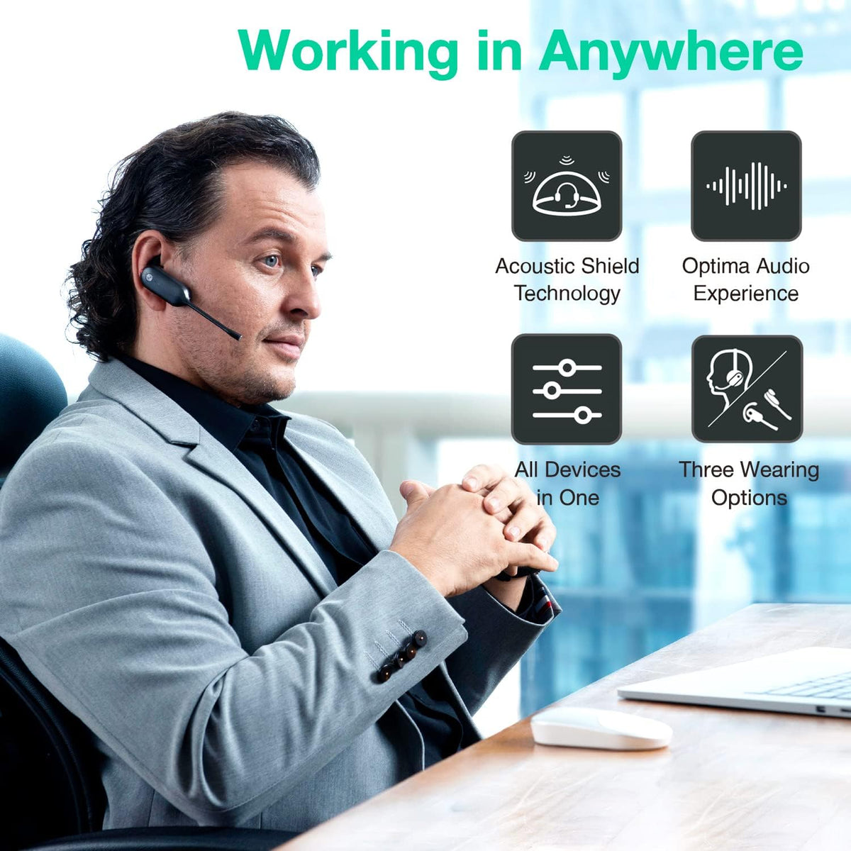 Wireless Headset with Microphone for Computer PC Laptop Teams Certified Headset Office IP VoIP Phones Noise Canceling Mic Single Ear Headset with Charge Stand H664563