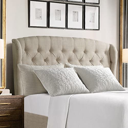 Beige Queen Adjustable Height Headboard with Linen Upholstery and Button Tufting U918236