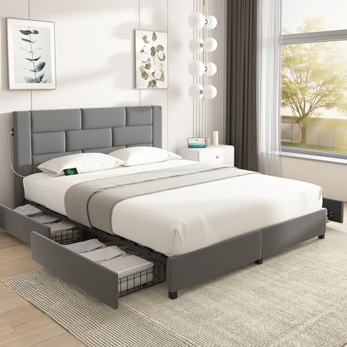 Beige Queen Size Upholstered Bed Frame with 4 Storage Drawers P540820