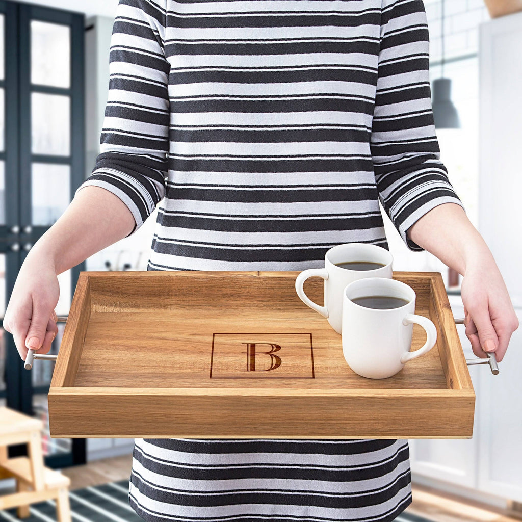 Acacia-wood Tray with Metal Handles H61401