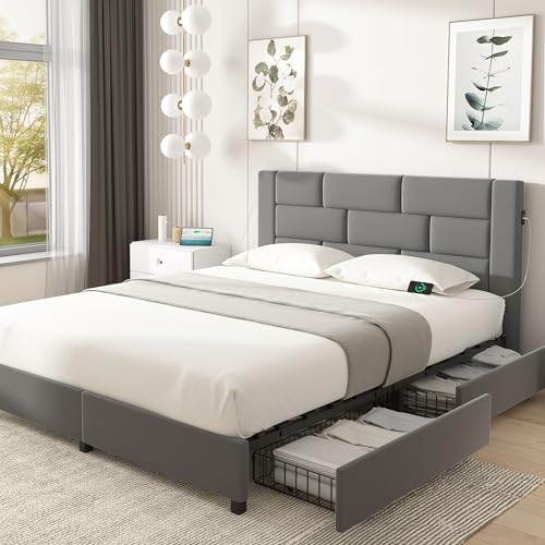 Beige Queen Size Upholstered Bed Frame with 4 Storage Drawers P540820