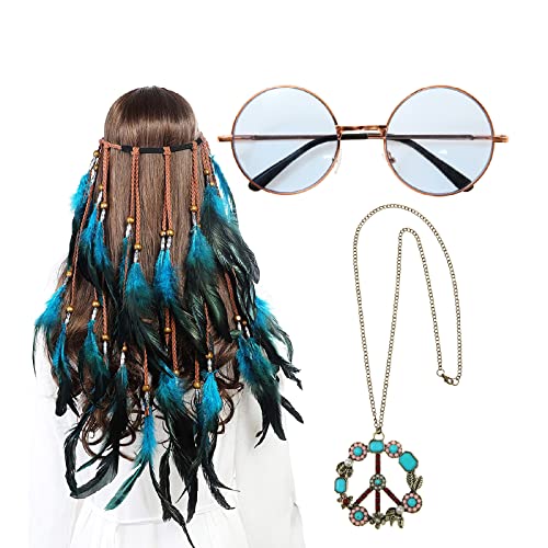 3PCS Hippie Costume Set with Headband Necklace Sunglasses W403