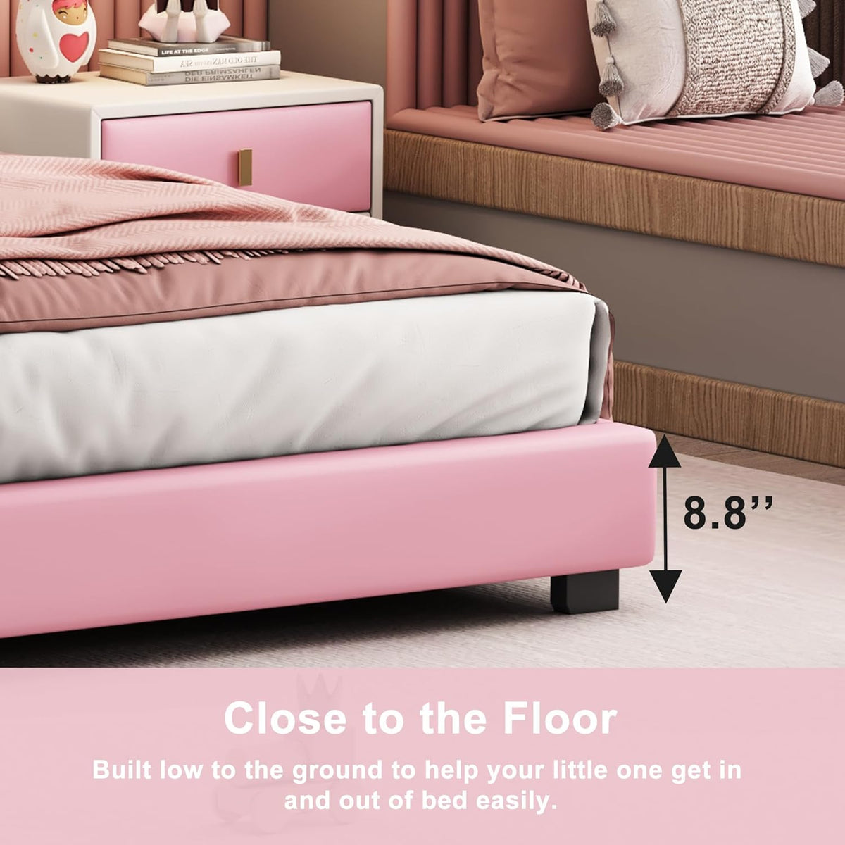 Pink Twin Size PU Upholstered Princess Bed Frame with Crown Headboard V453258