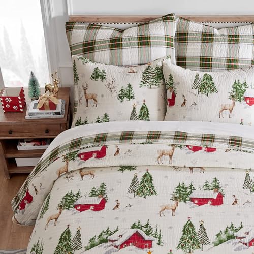 King/Cal King Red Green Brown White Cotton Reversible Quilt Set with Two King Pillow Shams Z75801