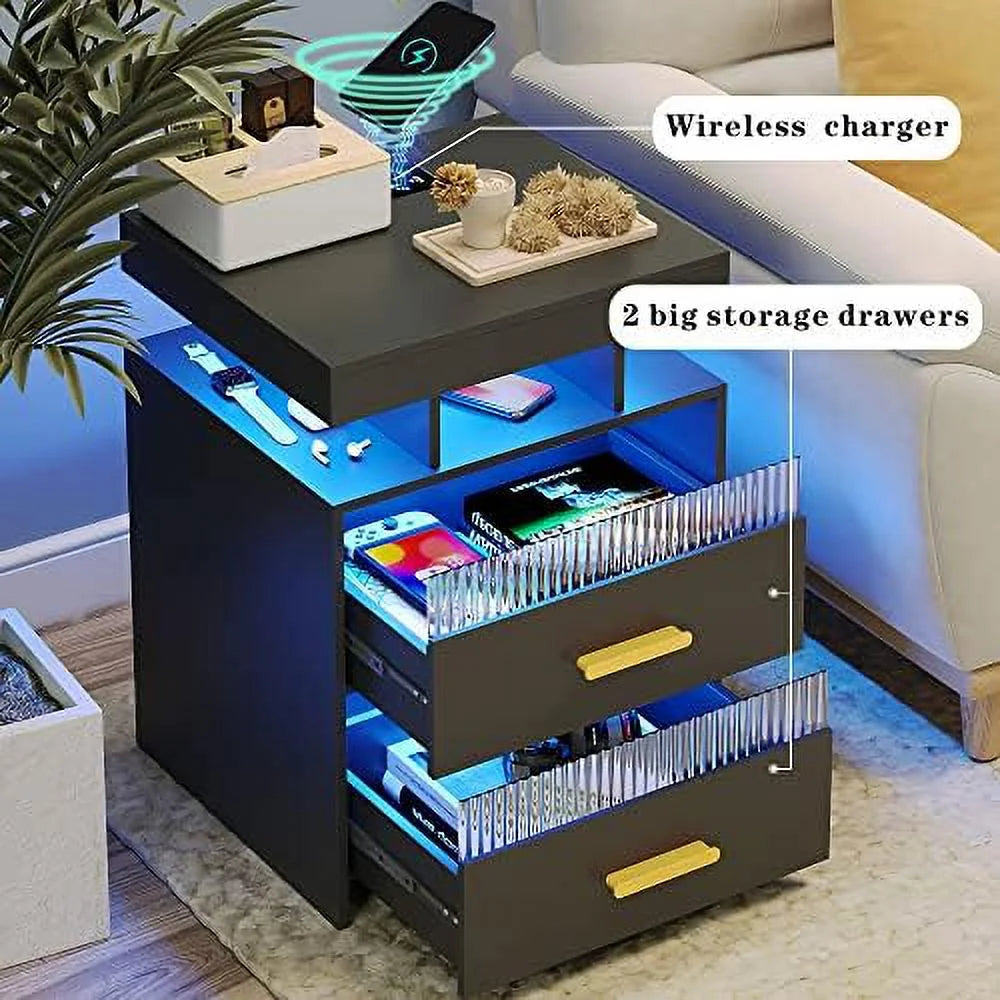 Gray Set of 2 Nightstands with 2 Drawers & LED Lights S6103