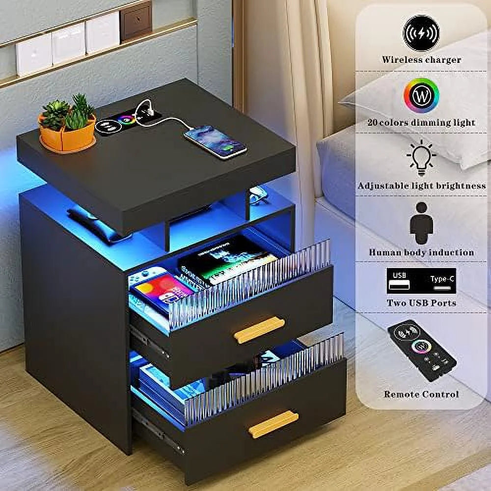 Gray Set of 2 Nightstands with 2 Drawers & LED Lights S6103