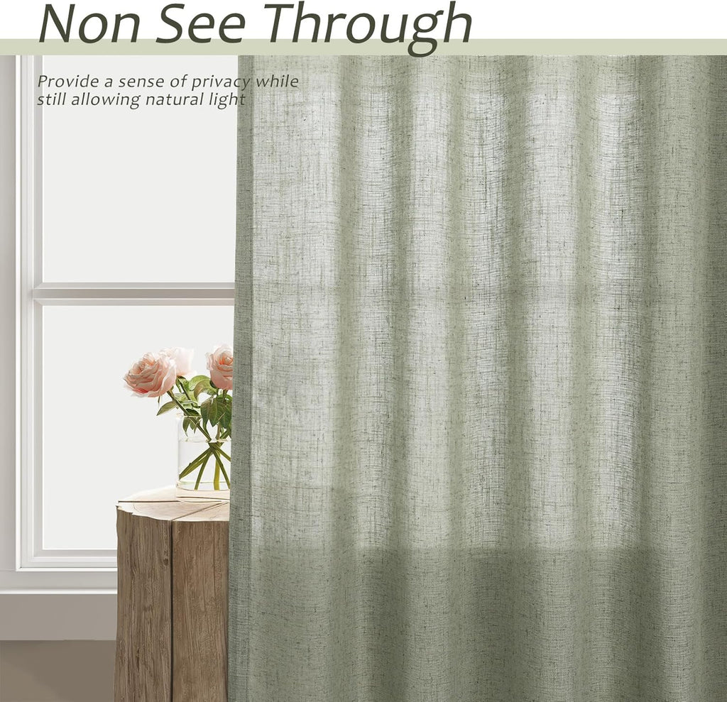 Sage Green Semi Sheer Linen Curtains 84 Inch Length 2 Panels Set Back Pocket 52x84 A46641
