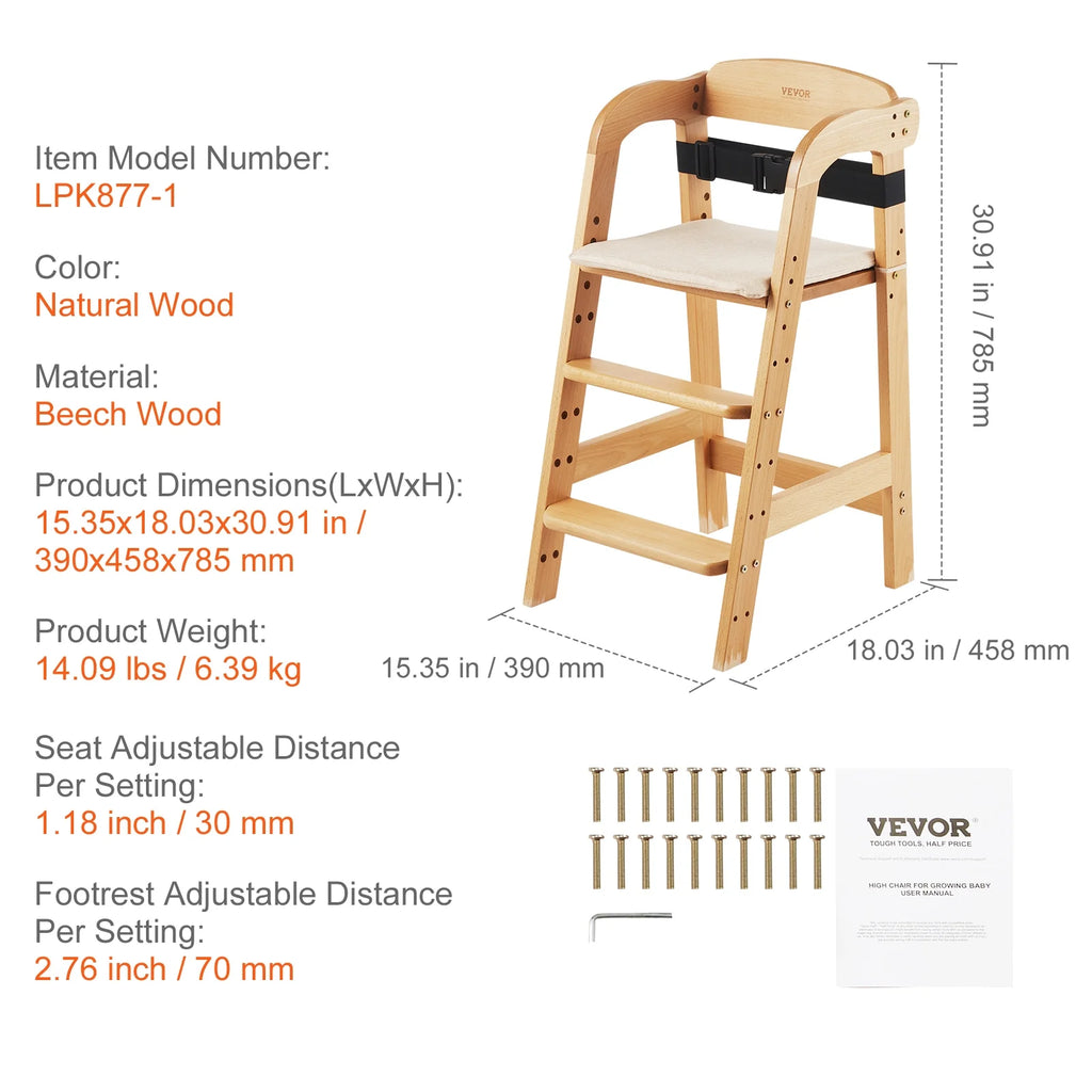 Wooden Baby HighChair with Adjustable Legs Solid Wood U23550