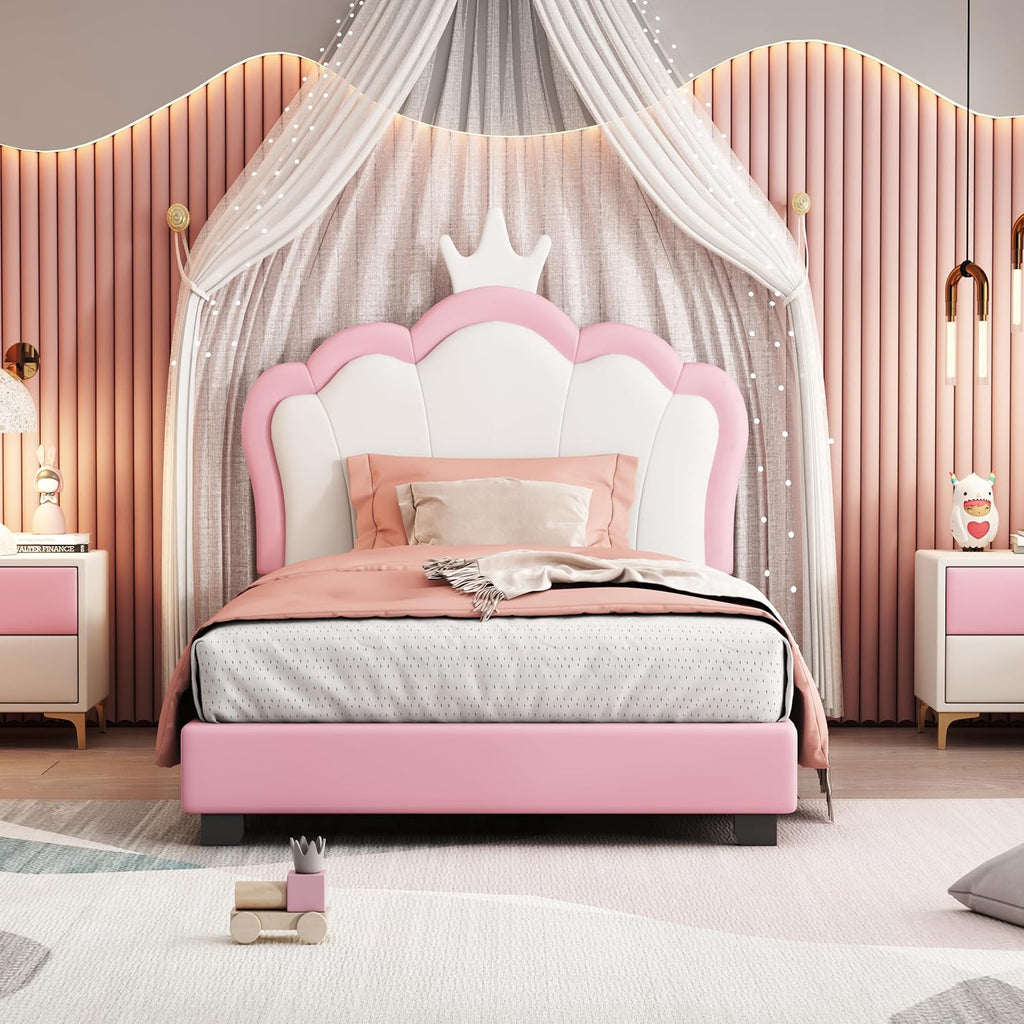 Pink Twin Size PU Upholstered Princess Bed Frame with Crown Headboard V453258