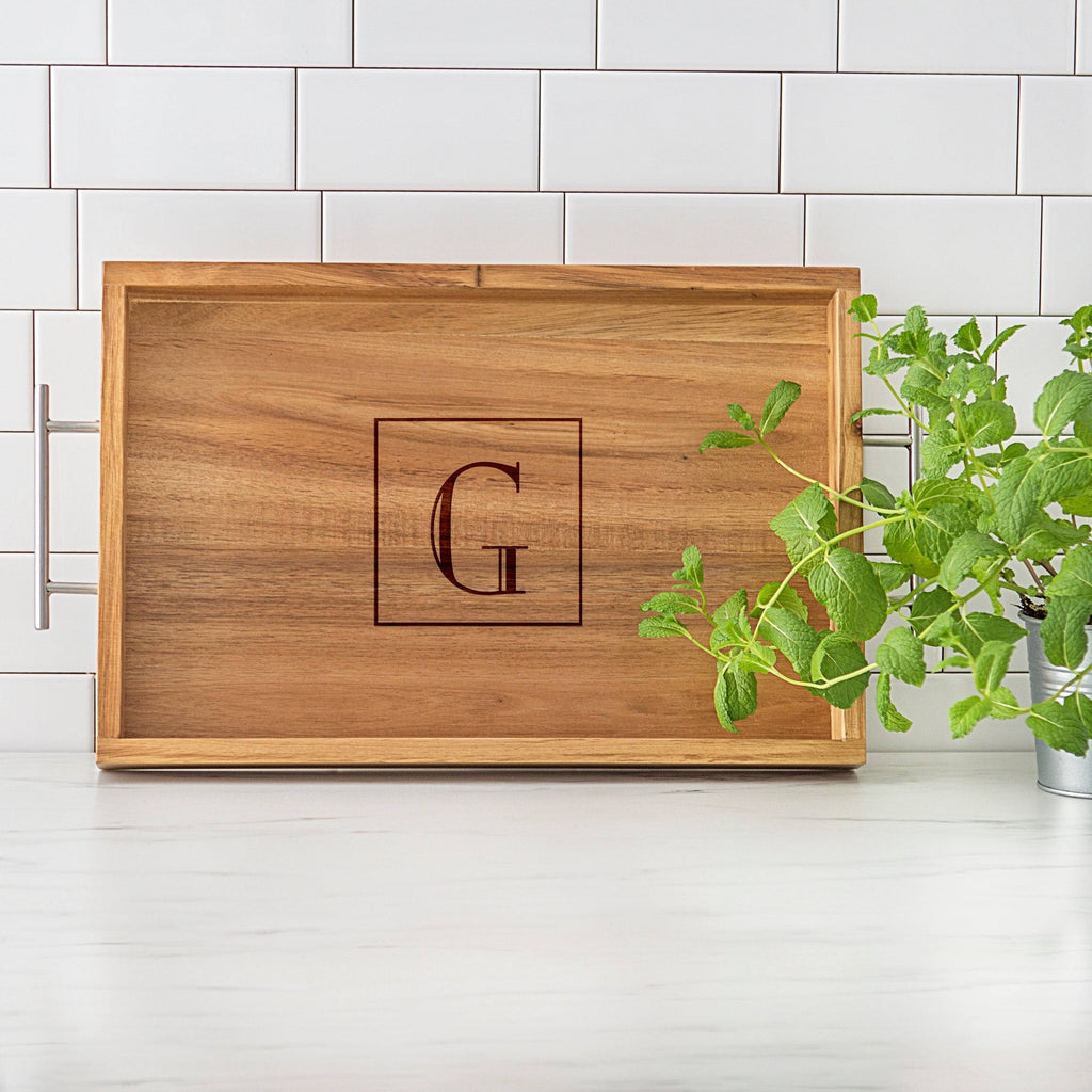 Acacia-wood Tray with Metal Handles H61401