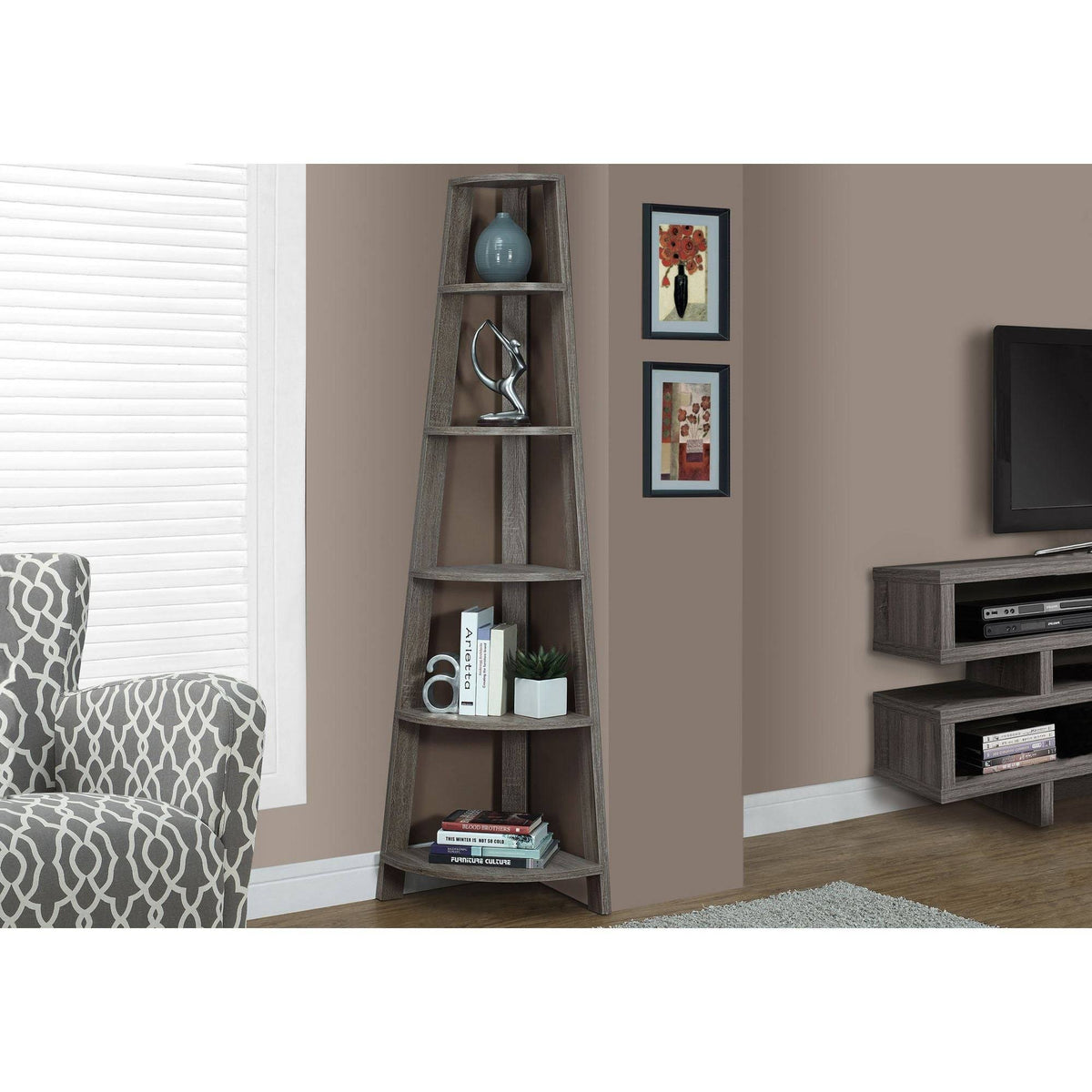 Taupe Brown Corner Accent Etagere Bookcase S549429