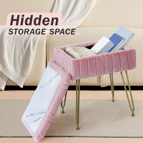 Pink Faux Fur Vanity Stool with Gold Metal Legs and Hidden Storage L290