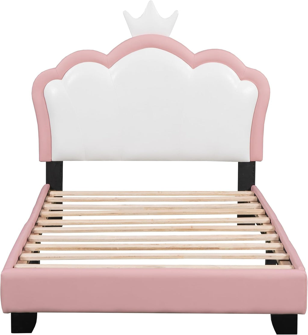 Pink Twin Size PU Upholstered Princess Bed Frame with Crown Headboard V453258