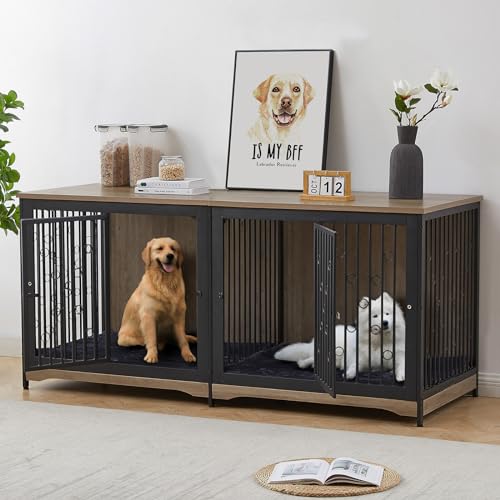 71'' Wooden Double Dog Crate Kennel Cage, Brown G338592