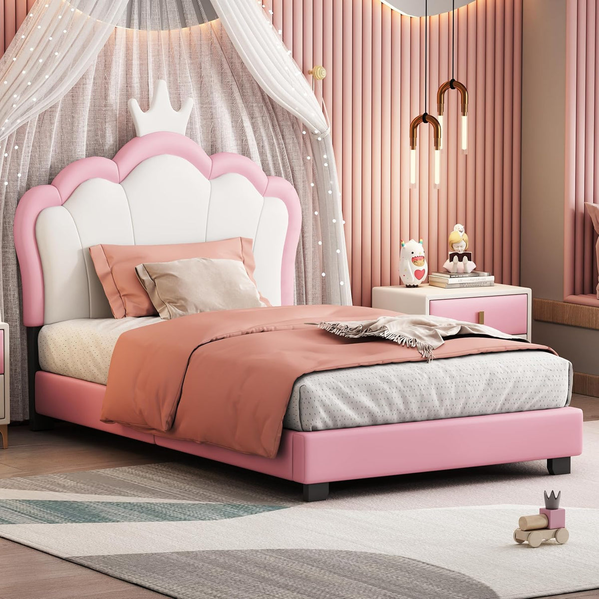 Pink Twin Size PU Upholstered Princess Bed Frame with Crown Headboard V453258