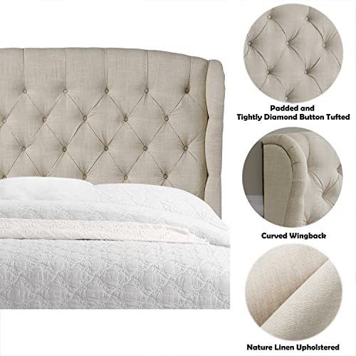 Beige Queen Adjustable Height Headboard with Linen Upholstery and Button Tufting U918236