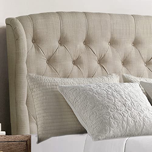 Beige Queen Adjustable Height Headboard with Linen Upholstery and Button Tufting U918236