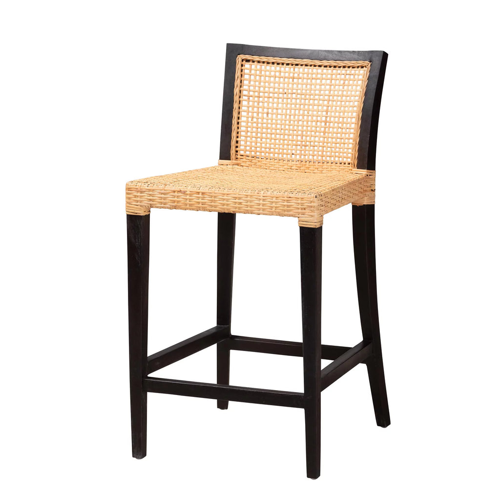 Dark Brown Mahogany Wood and Natural Rattan Counter Stool Z254996