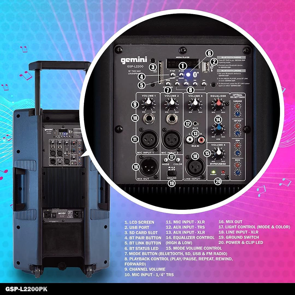 Bluetooth 2200W Peak Speaker with 15 Inch Woofer and LED Party Lights X294017