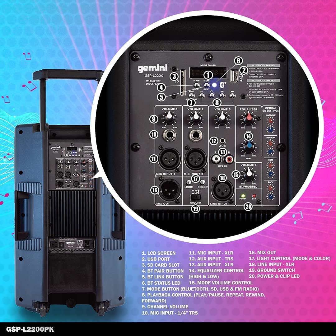 Bluetooth 2200W Peak Speaker with 15 Inch Woofer and LED Party Lights X294017