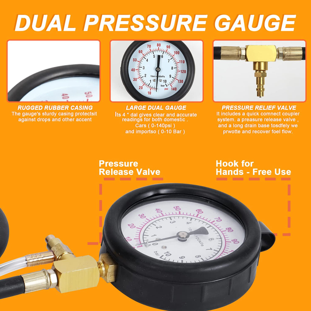 Fuel Injection Pressure Gauge Tester Kit with Adapter Fitting Set, Dual Scale 0-140 PSI / 10 Bar, Pack of 2 Y21931