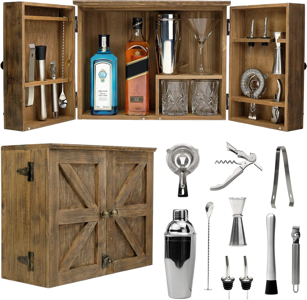 Barndoor Bartender Cabinet with 12 Piece Bar Tool Set, Rustic Brown, Pack of 2 I379577