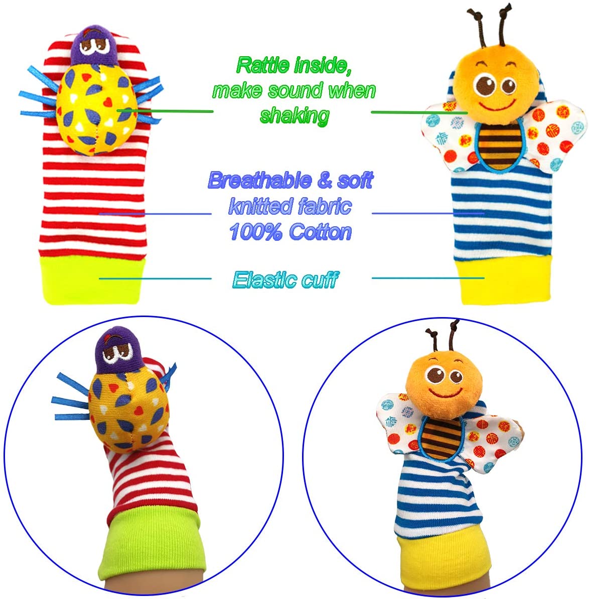 6 Pcs Baby Wrist Rattle & Foot Finder Socks Soft Plush Animal Doll I85260