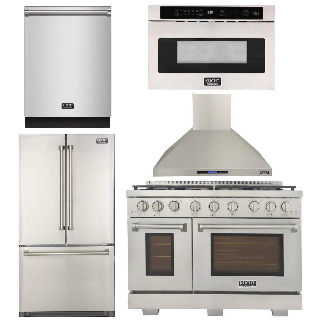 48 inch Natural Gas Range, Wall Range Hood, Refrigerator, Dishwasher, and Microwave Oven F35245