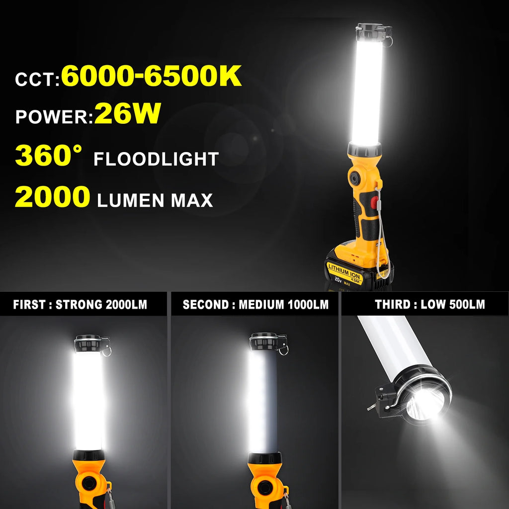 360° Outdoor Camping Lantern with Hooks, 26W 2000LM, for Dewalt 20V Li-ion Battery K8804
