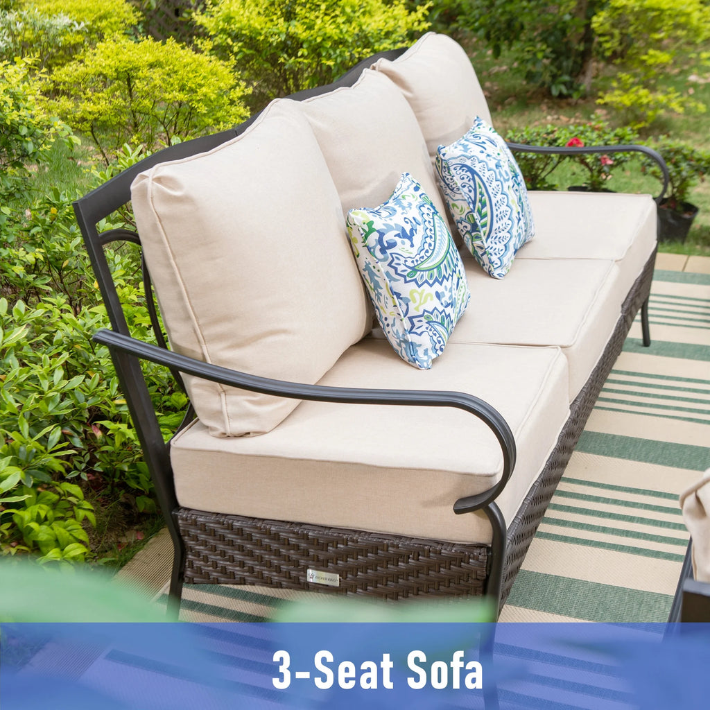 7-Seat Patio Conversation Set with 3-Seat Sofa, Rocking Chairs, Ottomans & Table, Black & Beige C577