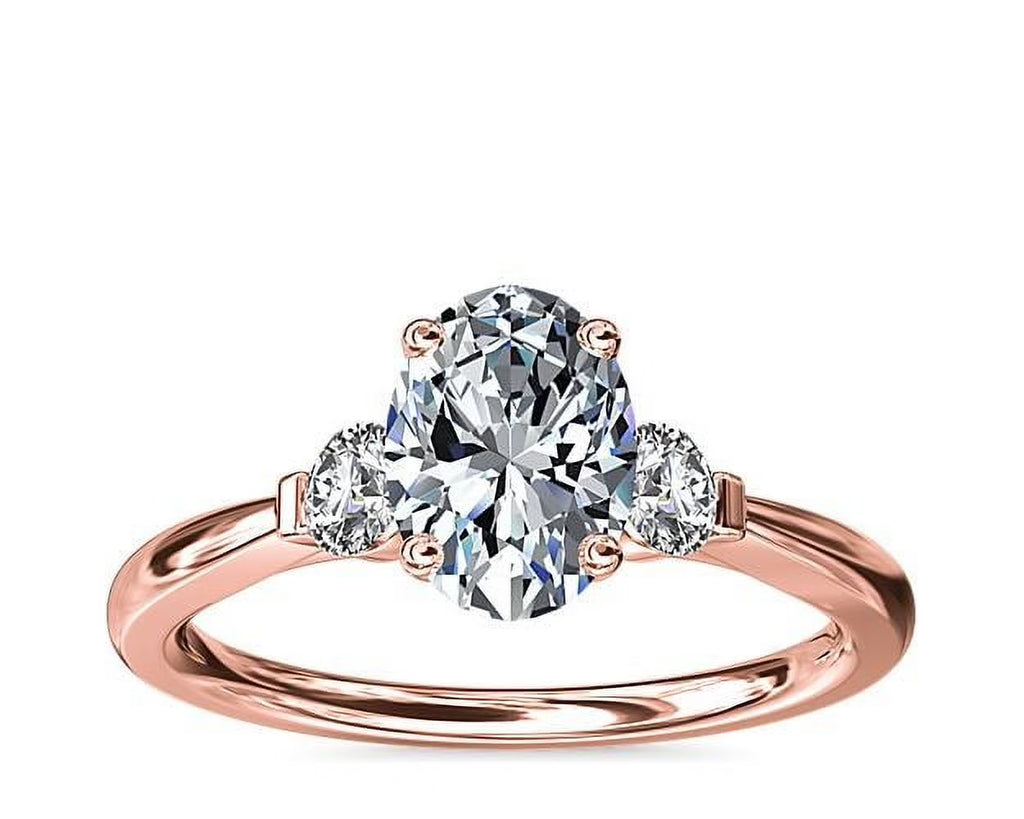 Oval Cut Natural Diamond Three Stone Ring Solid 14K Rose Gold Size 4 H374396