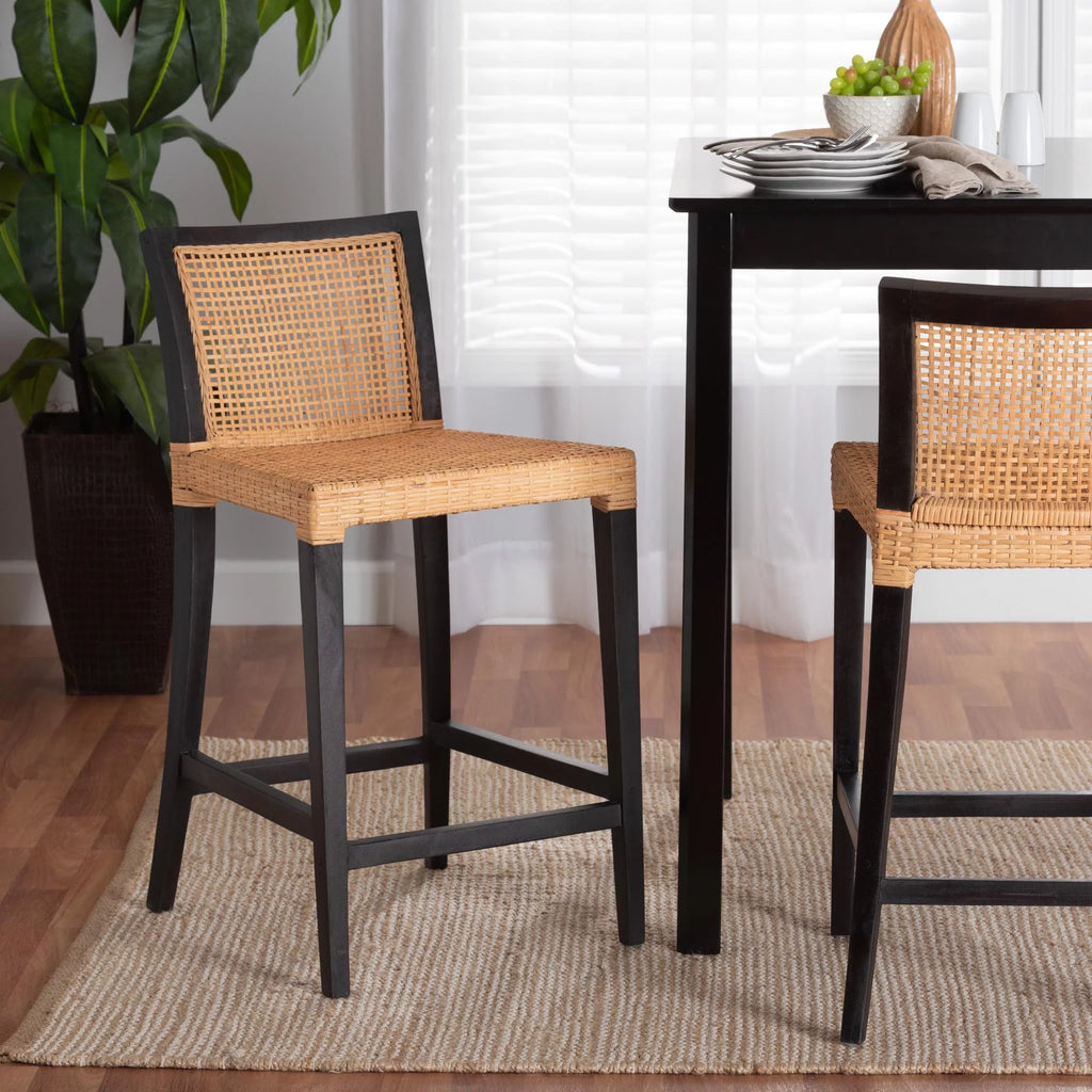 Dark Brown Mahogany Wood and Natural Rattan Counter Stool Z254996