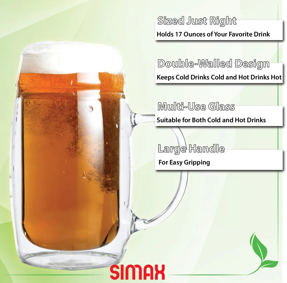 17 oz Double Walled Glass Beer Mugs with Handles (6) U539