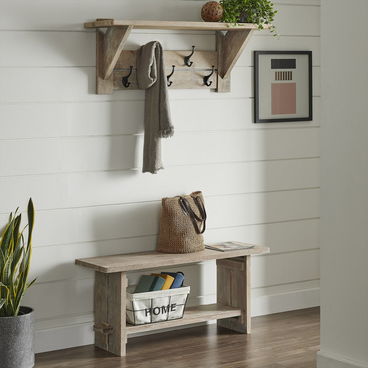 Mango Wood Bench and Coat Hook with Shelf X352