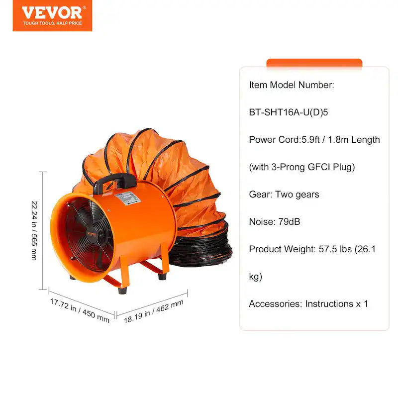 16 in. Heavy Duty Blower Fan with Duct Hose S5129