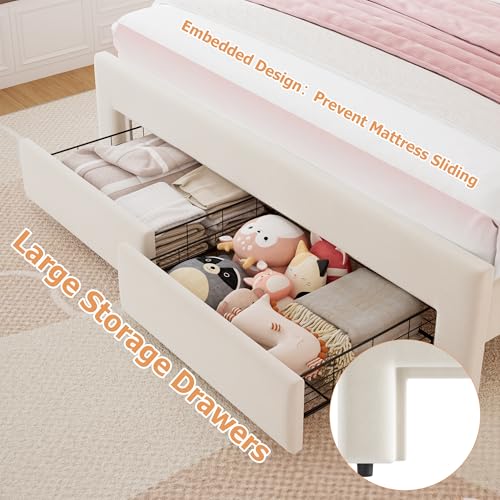 Beige Velvet Twin Upholstered Platform Bed with Storage Drawer I731112