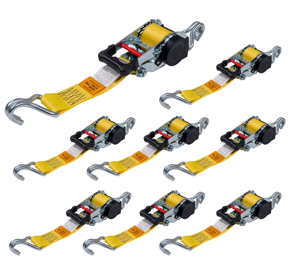 8 Pack 2" x 10' Retractable Ratchet Straps with Double J-Hook, 3,300 lbs Breaking Strength, Yellow I42358