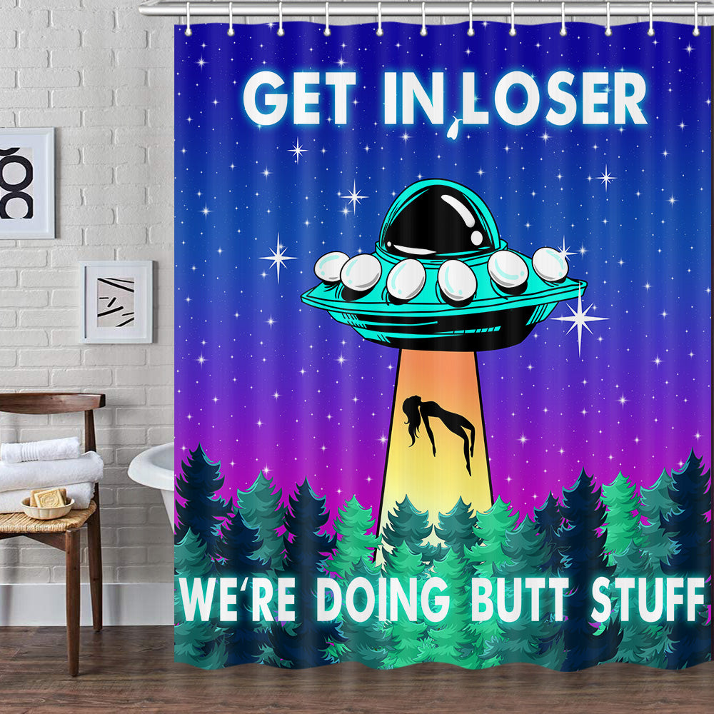 UFO Blue Purple Space Fabric Shower Curtain Set with Hooks 72X72 Inch D26358