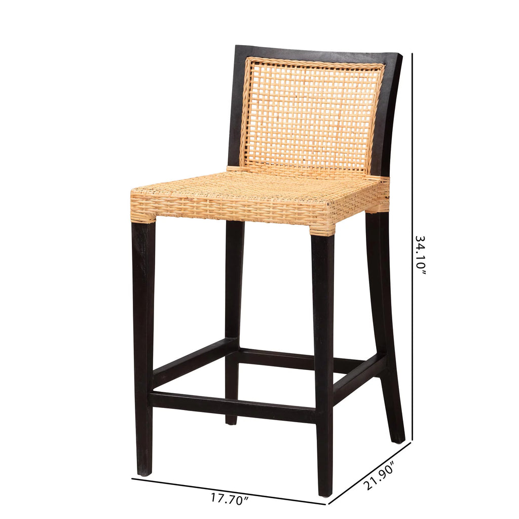 Dark Brown Mahogany Wood and Natural Rattan Counter Stool Z254996