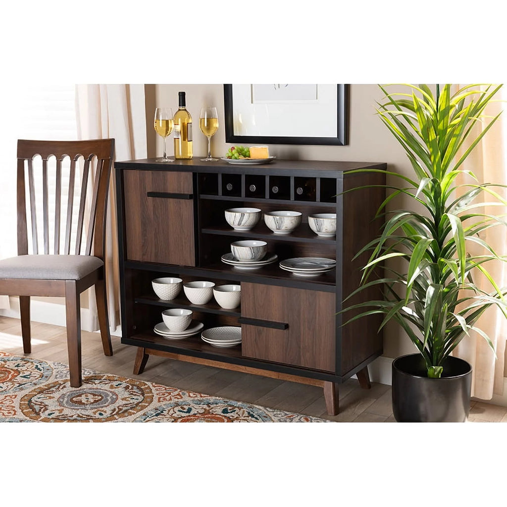 Walnut Brown and Black Wood Wine Storage Cabinet F87853