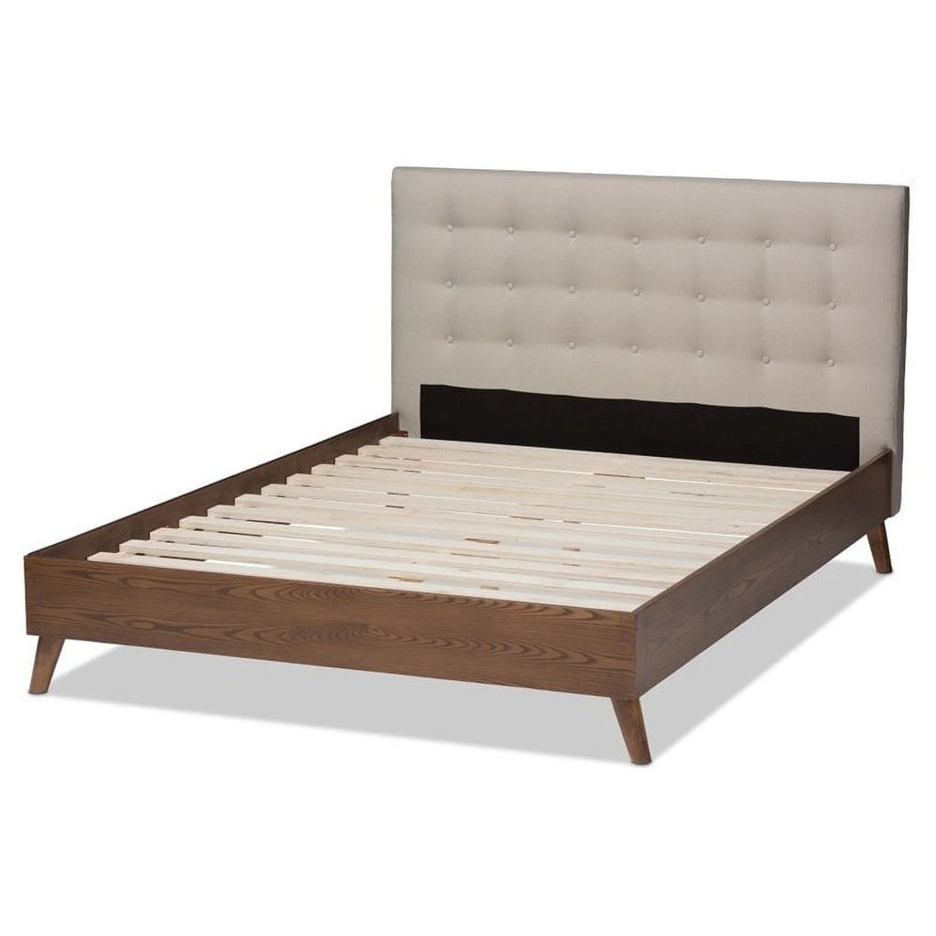 Mid-Century Wood Tufted Platform Bed, King, Beige/Brown C54212