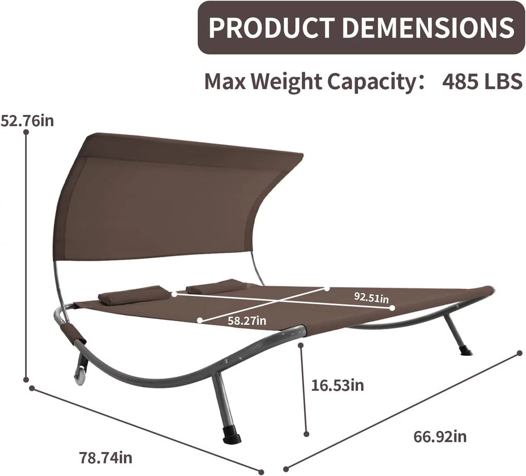 Double Chaise Lounge Bed with Canopy, Headrest Pillow and Wheels O454