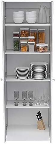 White & Light Oak Kitchen Tall Utility Storage Pantry Cabinet with Metal Handles U291166